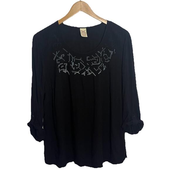 Faded Glory Embroidered Roll Tab Sleeve Peasant Top Women’s Size XL - Picture 1 of 6